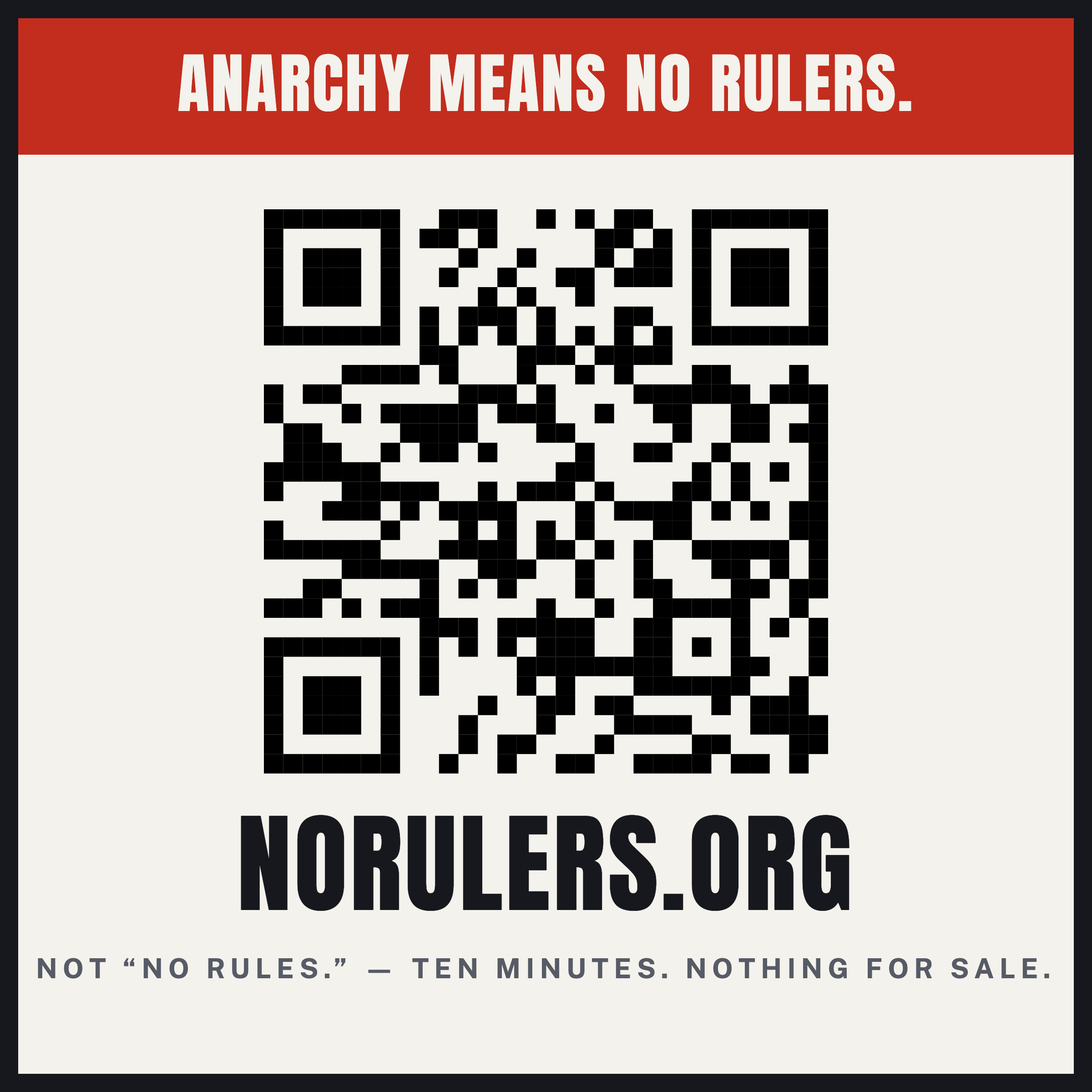 Printable sticker: ANARCHY MEANS NO RULERS, a QR code, and the address norulers.org